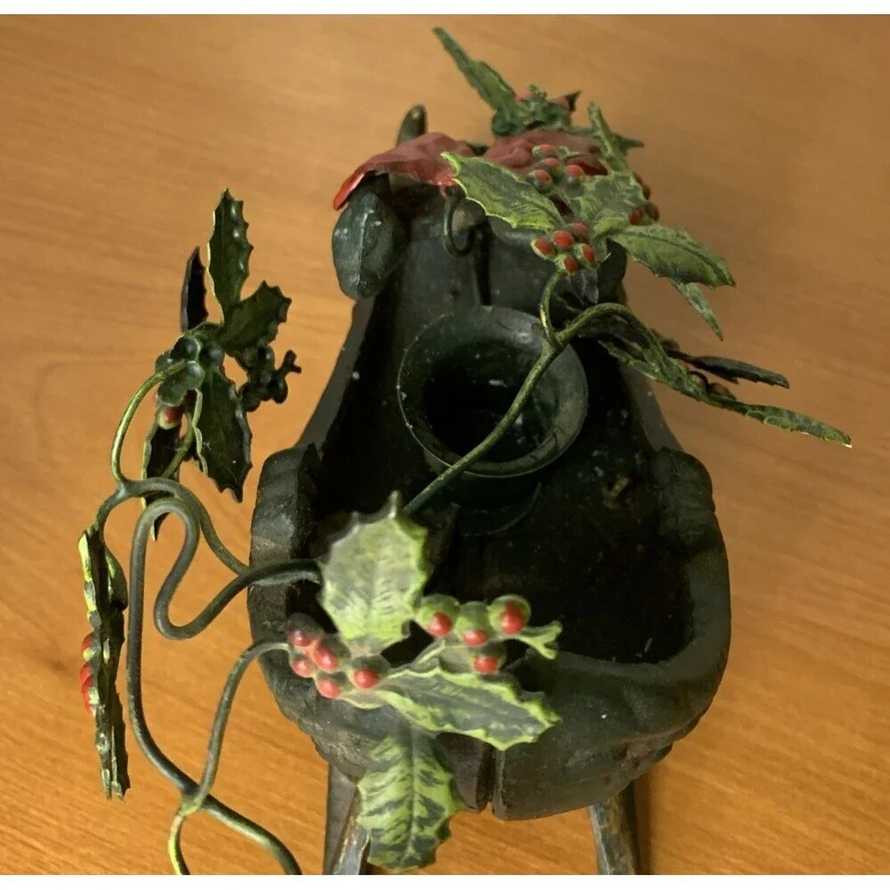 Vintage Cast Iron Christmas Sleigh Candle Holder With Metal Holly
